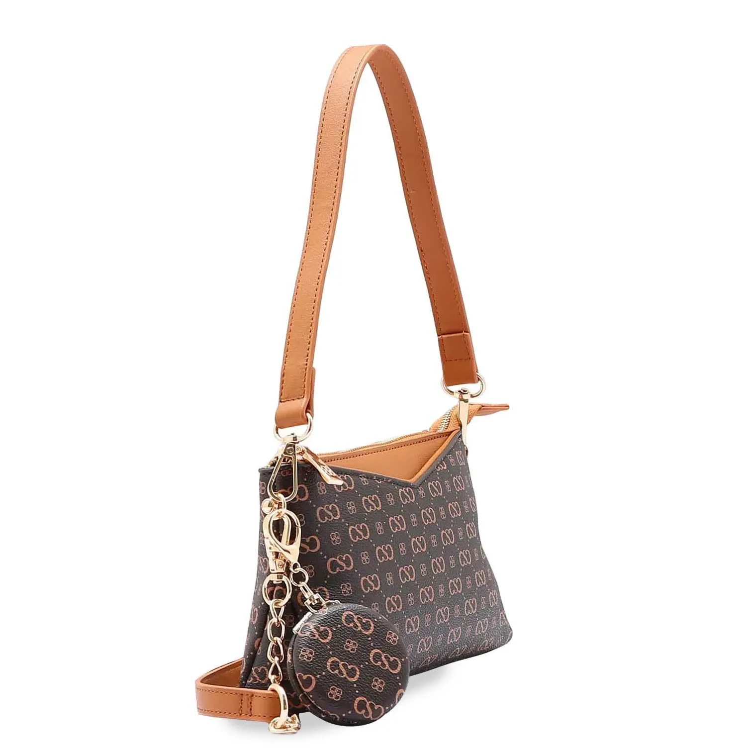 Bolsa Chenson marrom vista lateral mostrando formato retangular e detalhes dourados